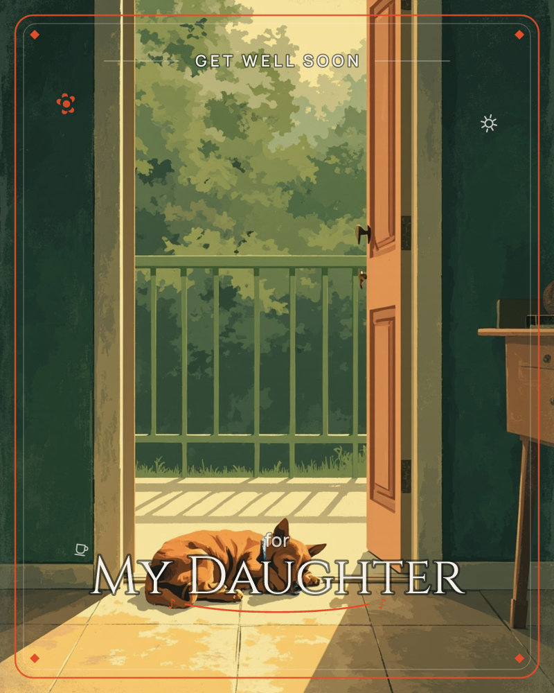 A dog naps curled up in a warm patch of sunlight just inside an open doorway, with a porch railing and leafy green trees visible beyond, a getwell e-card design