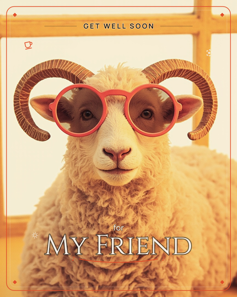 A curly-wooled ram with curling horns stares straight at the camera wearing round pink glasses, framed against a sunlit window with wooden mullions, a getwell e-card design