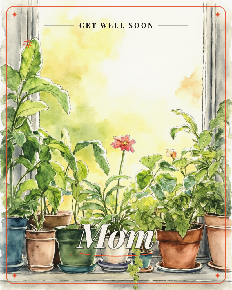 A row of potted plants lines a sunny windowsill, their green leaves overlapping in a lush jumble against a glowing wash of yellow light, a getwell e-card design