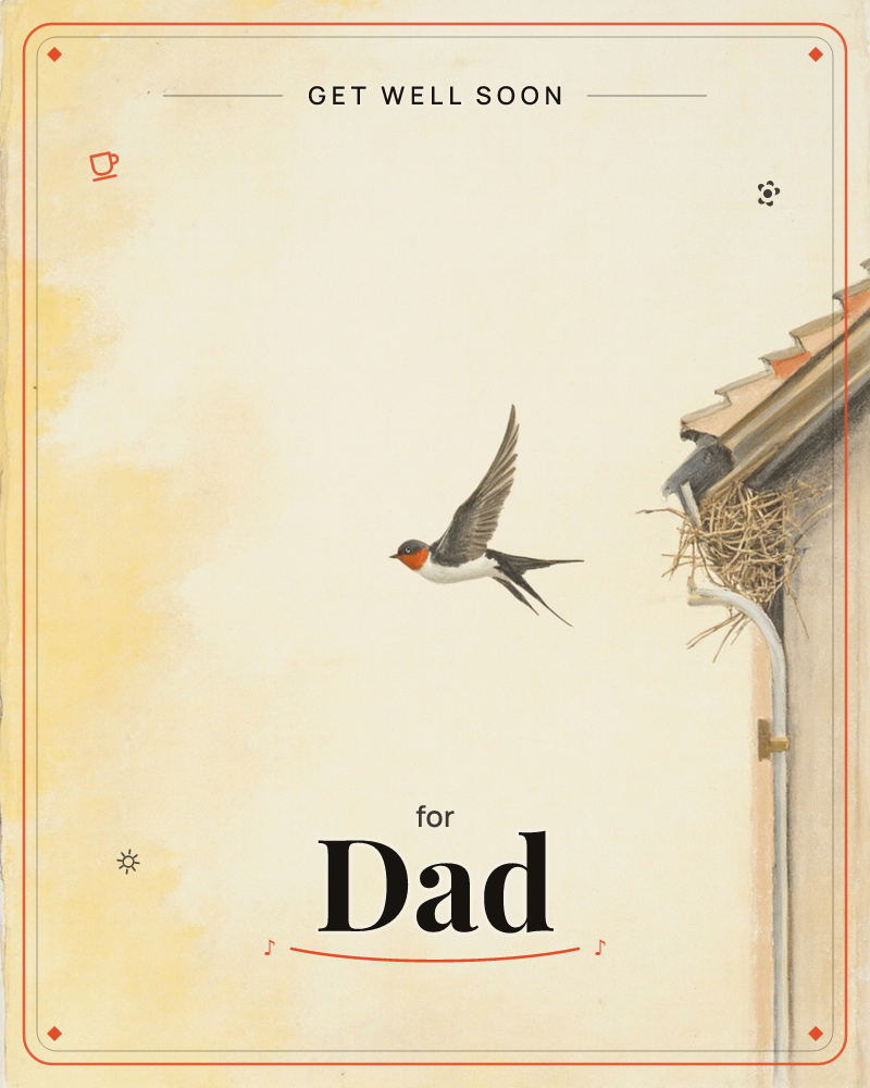A swallow with a rust-red throat and forked tail swoops in toward a twig nest tucked under a tiled eave and gutter, a getwell e-card design