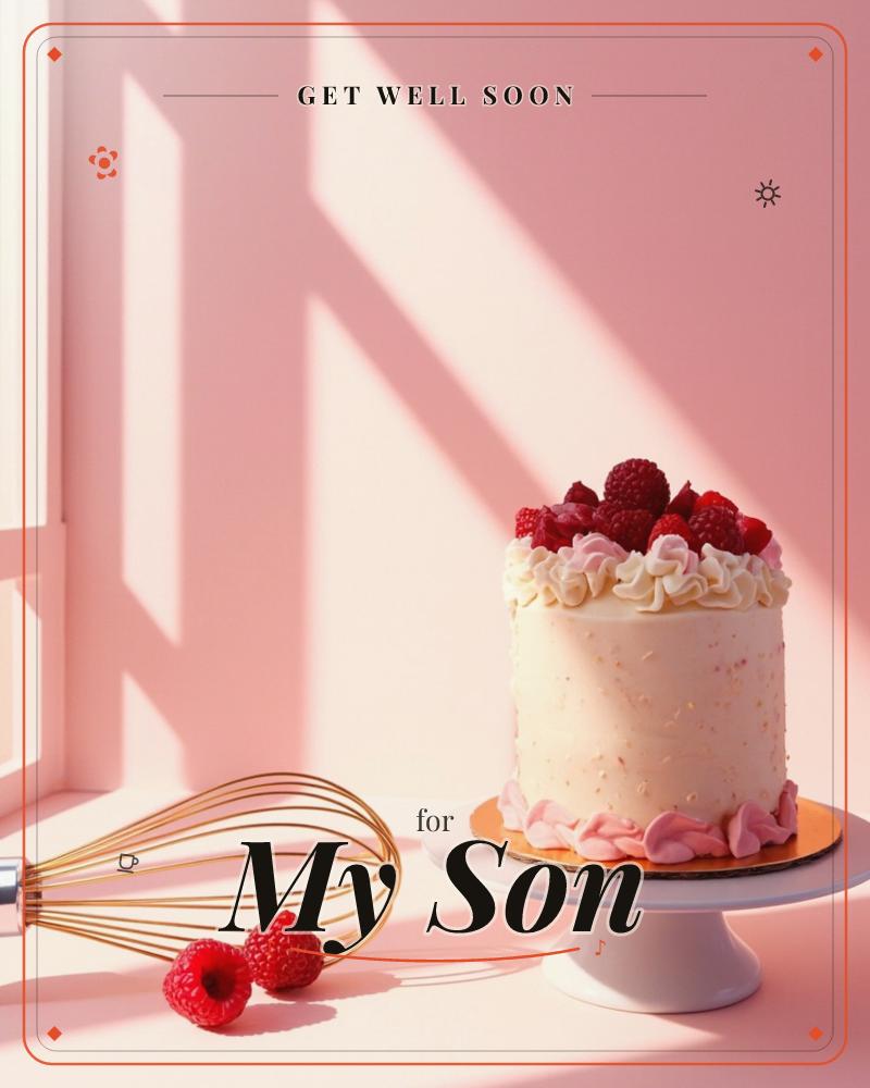 A tall cream-frosted cake sits on a pale stand, crowned with fresh raspberries and swirls of pink and white piping, a getwell e-card design