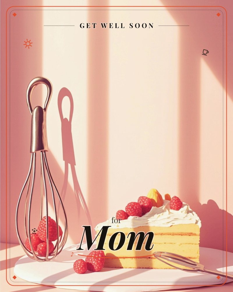 A metal whisk stands upright beside a slice of layered cake topped with whipped cream and fresh raspberries, its long shadow stretching across a warm…, a getwell e-card design