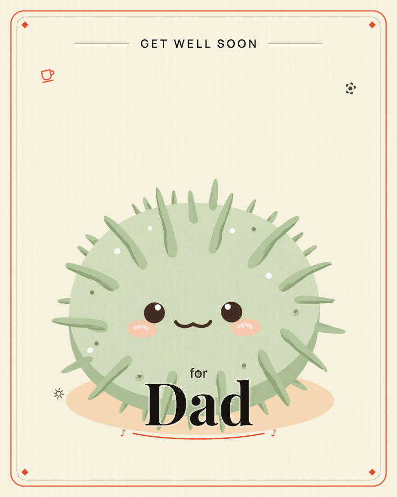 A round, spiky sea urchin character sits front and center on a soft cream background, its sage-green body dotted with little white flecks and topped…, a getwell e-card design