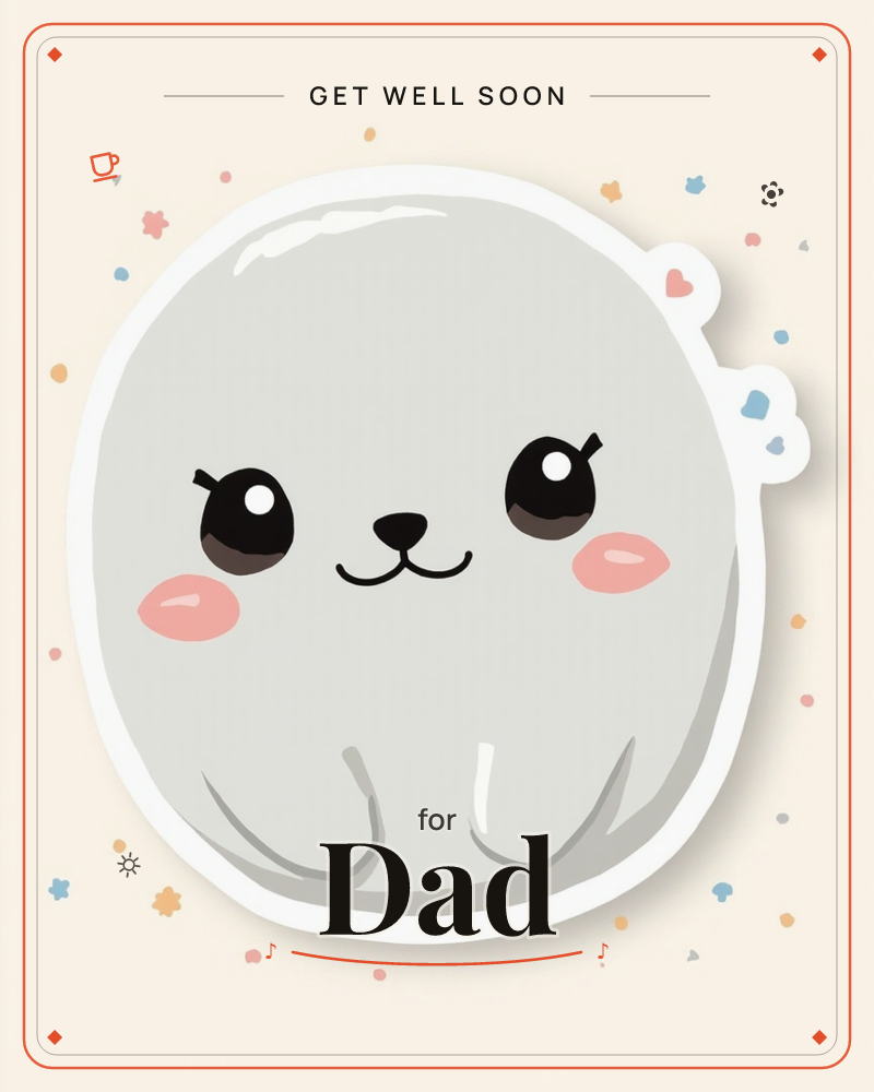 A round, plump grey seal pup fills the card with a soft white sticker-style border, its tiny flippers tucked in front and cheeks flushed pink, a getwell e-card design