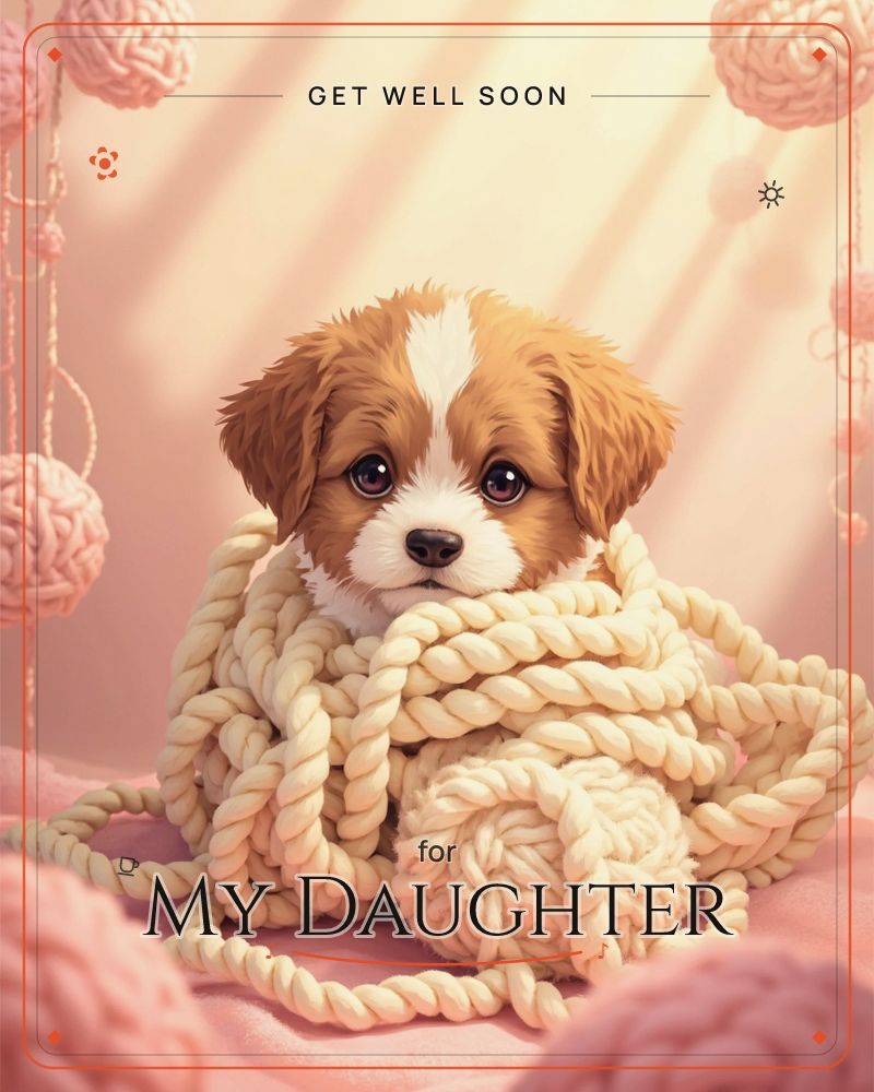 A brown and white puppy peers out from a thick tangle of cream rope, wrapped snugly like a cocoon, a getwell e-card design