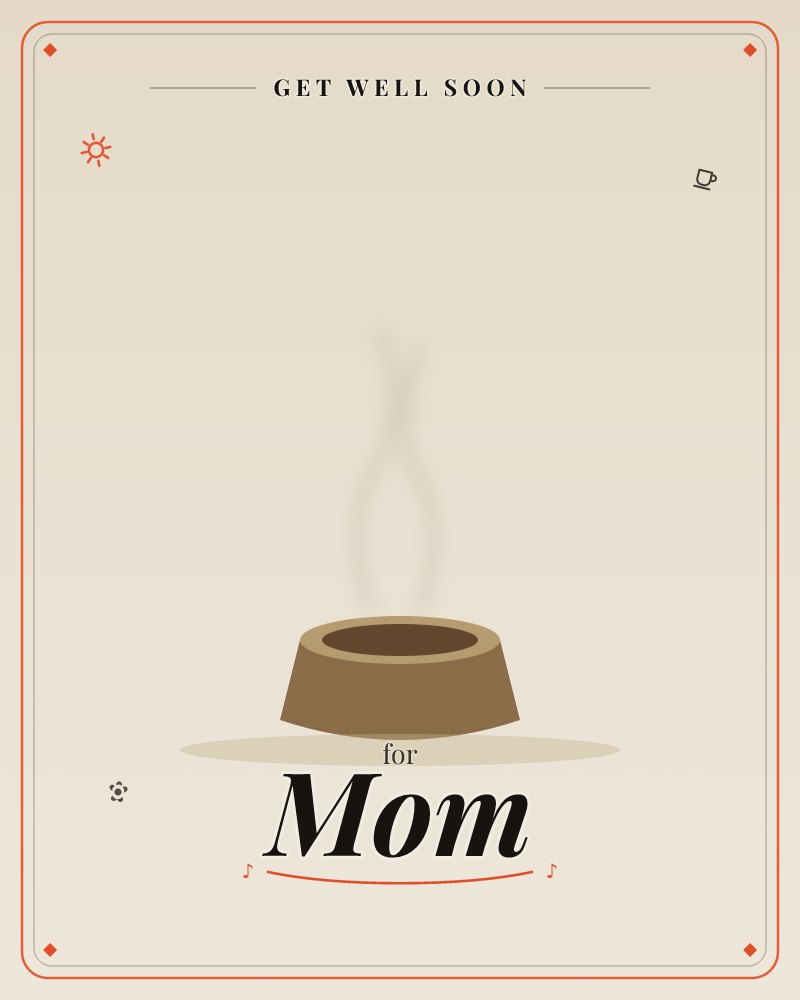 A simple brown cup or bowl sits alone against a soft beige gradient background, a thin wisp of steam curling up from its dark interior, a getwell e-card design by @DittyCityTeam