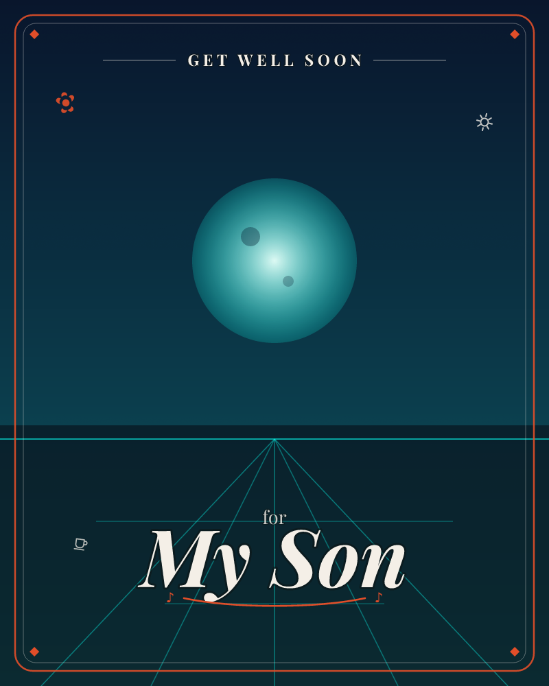 A glowing teal orb hangs alone in a dark night sky, its surface marked by two soft craters like a strange moon, a getwell e-card design by @DittyCityTeam
