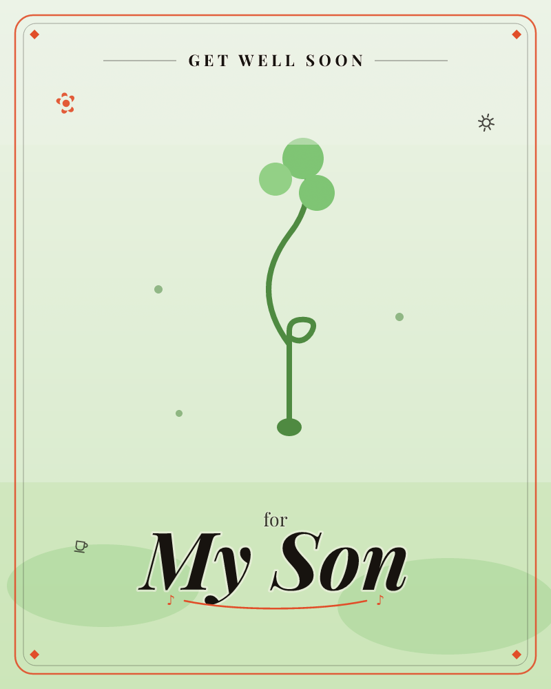 A single stylised stem curls upward against a soft green gradient sky, topped with three round leaf-like circles clustered together, a getwell e-card design by @DittyCityTeam