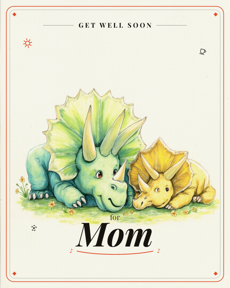 Two cartoon triceratops lie together on a patch of grass dotted with small yellow flowers, a larger green one and a smaller mustard-yellow one nuzzling…, a getwell e-card design