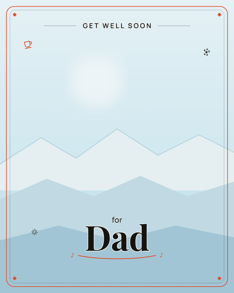 Layered mountain ridges fade back into a pale, hazy sky with a soft glowing sun hanging low above the peaks, a getwell e-card design by @DittyCityTeam