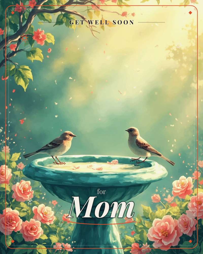Two small sparrows perch on the rim of a weathered turquoise birdbath, framed by trailing branches of pink blossom and full rose bushes below, a getwell e-card design
