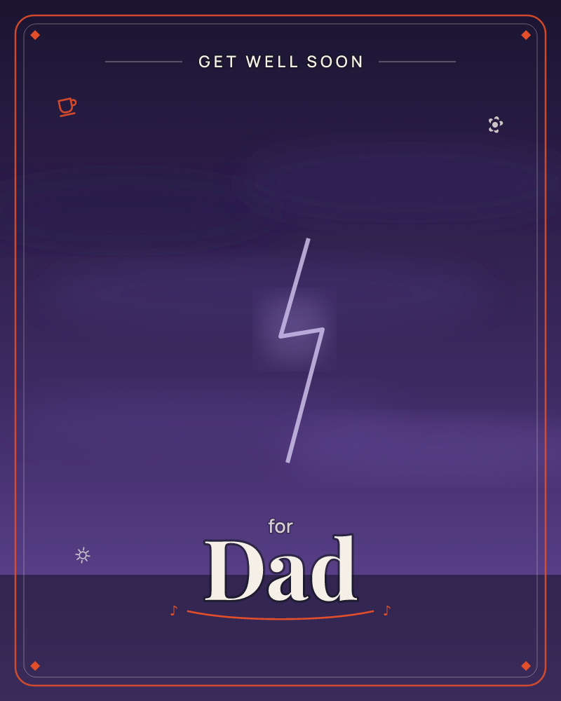A single lightning bolt glows in pale lilac neon against a deep purple gradient background, with a soft halo of light pooling around its jagged center, a getwell e-card design by @DittyCityTeam