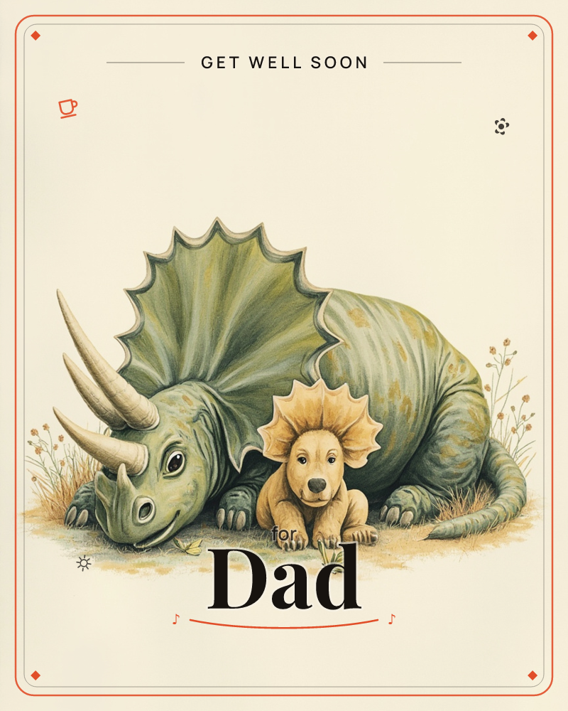A large green triceratops rests low on the ground with its frilled head curled protectively around a small tan baby triceratops nestled between its…, a getwell e-card design
