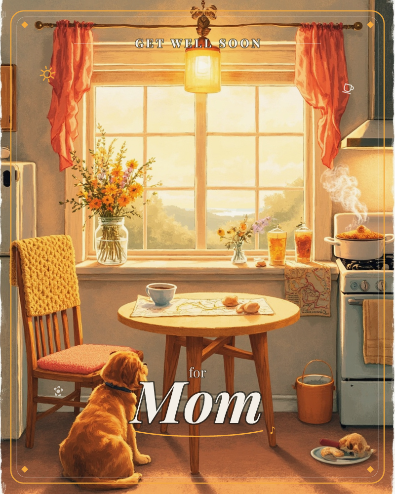 A cozy kitchen nook, digitally illustrated in warm golden and orange tones, a getwell e-card design