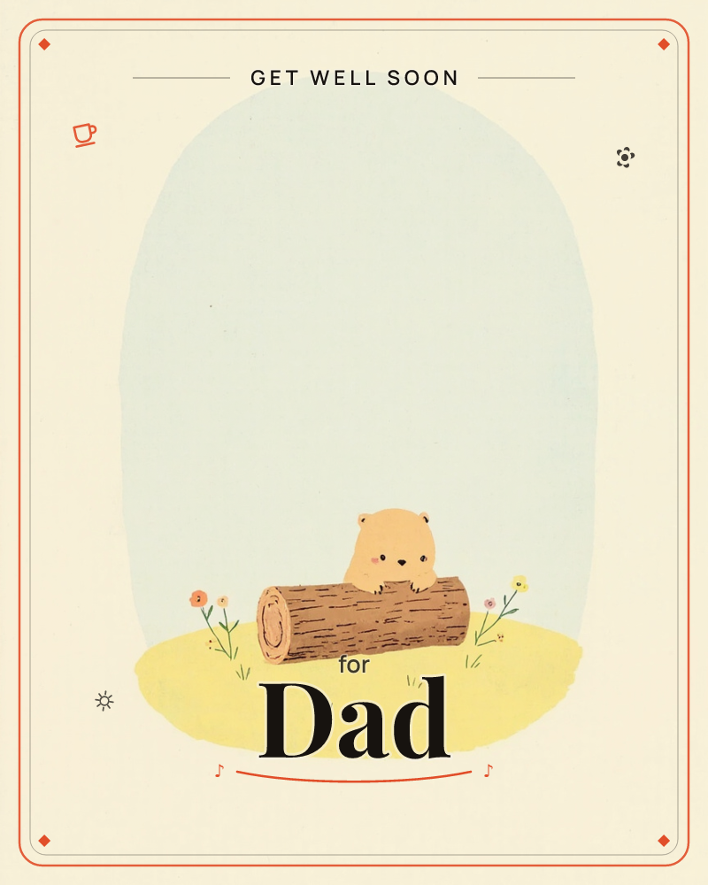 A small round bear peeks over a fallen log, paws propped on the bark, set against a soft pale blue arch on a cream background, a getwell e-card design