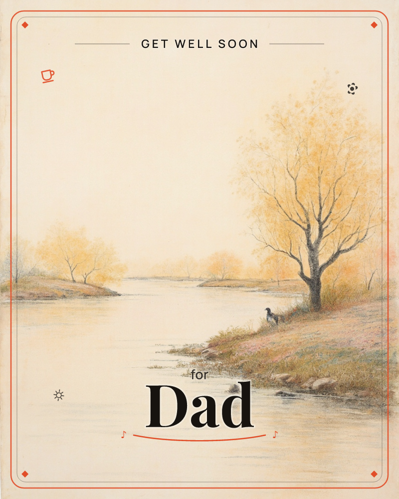 A quiet river bends through open countryside beneath a pale, hazy sky, its still water mirroring golden autumn trees along the banks, a getwell e-card design