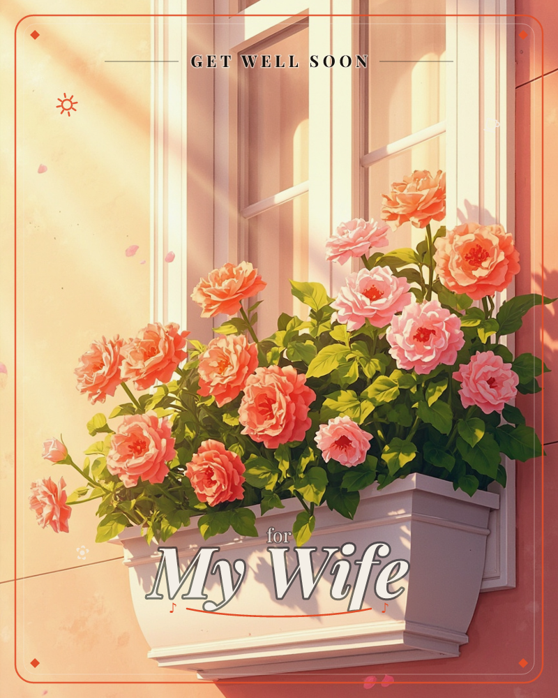 A white window box overflows with pink and coral roses set against a sunlit window and a warm terracotta wall, a getwell e-card design