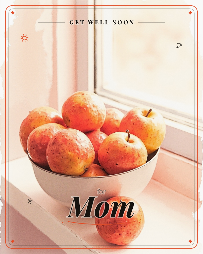 A white bowl heaped with red-gold apples sits on a windowsill, one extra apple resting beside it on the ledge, a getwell e-card design