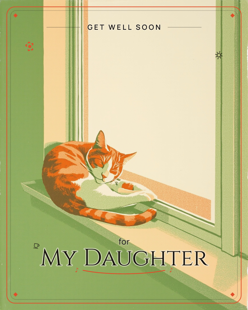 An orange tabby cat is curled up asleep on a windowsill, tucked into a bright square of light coming through the pane, a getwell e-card design