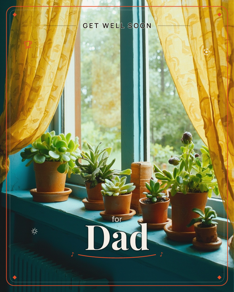 A row of terracotta pots crowded with succulents and jade plants lines a teal-painted windowsill, framed by sheer mustard-yellow curtains, a getwell e-card design