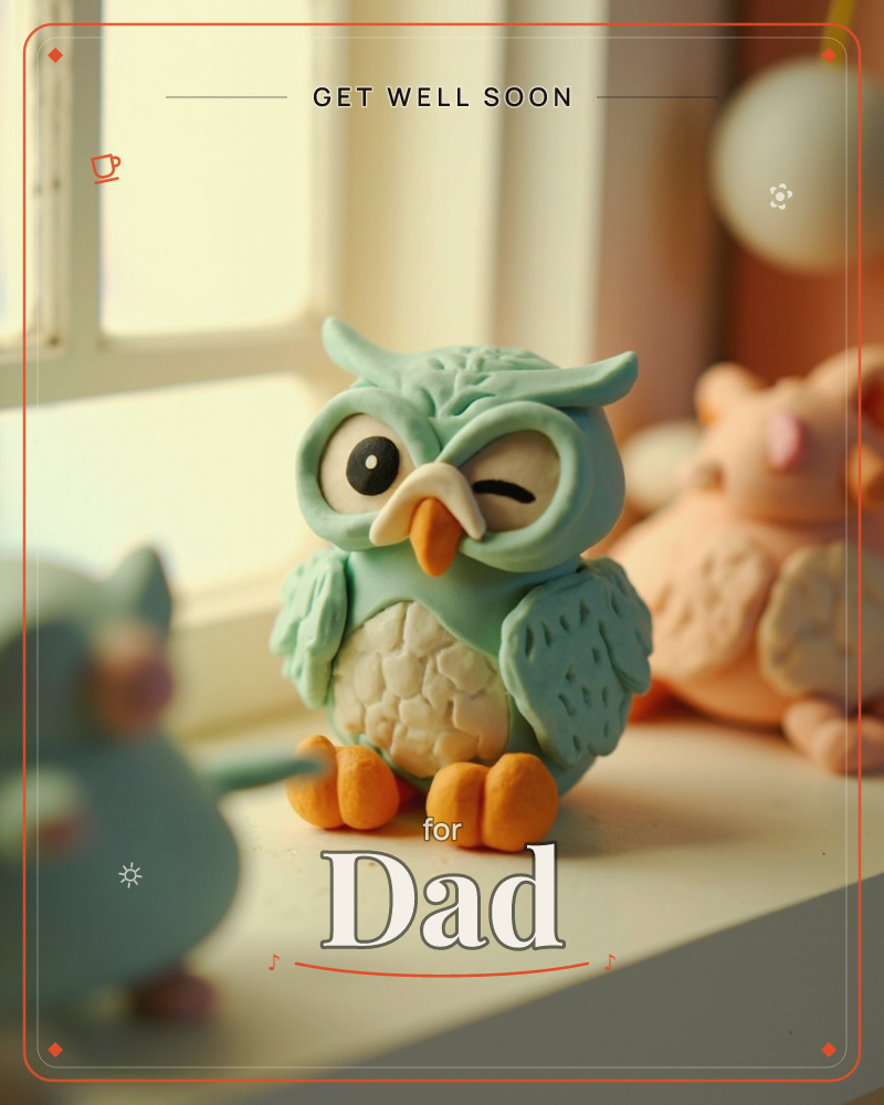 A handmade clay owl sits winking on a sunlit windowsill, its mint-green feathers textured with tiny sculpted marks and its orange feet planted firmly…, a getwell e-card design