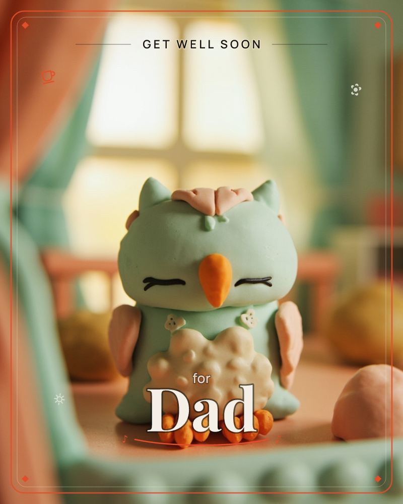 A small clay owl figure sits with its eyes closed and wings folded, its mint-green body topped with a peach crest and a bright orange beak, a getwell e-card design