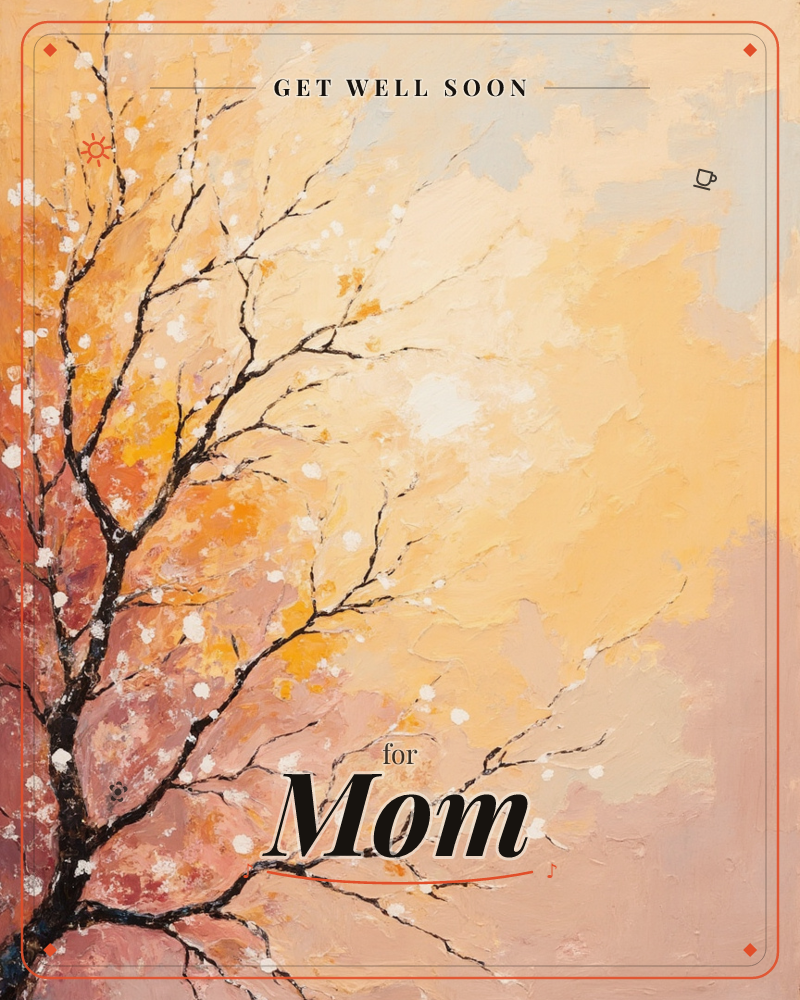 A bare, dark branching tree stretches across a glowing sky of amber, peach and dusty rose, its twigs dotted with small white blossoms, a getwell e-card design