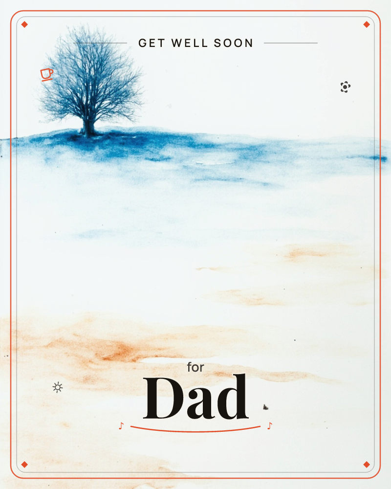A single bare-branched tree stands alone on a low hill rendered in soft indigo watercolour, its silhouette fading into a pale winter sky, a getwell e-card design