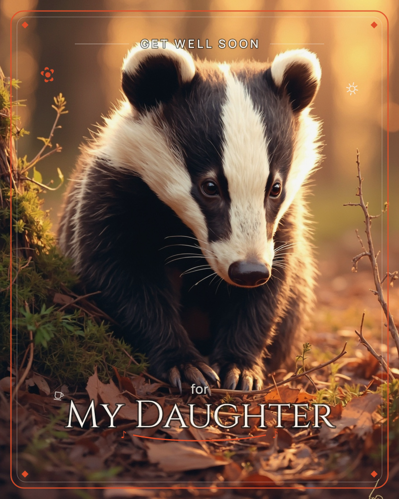 A badger crouches low on a woodland floor scattered with dry autumn leaves and twigs, its black-and-white striped face caught in warm golden backlight…, a getwell e-card design