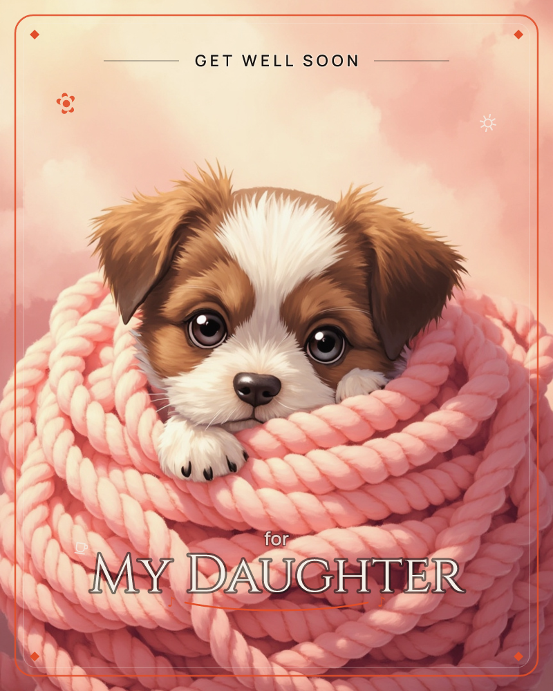A brown and white puppy peers out from a thick coil of soft pink rope, one paw resting over the top strand, a getwell e-card design