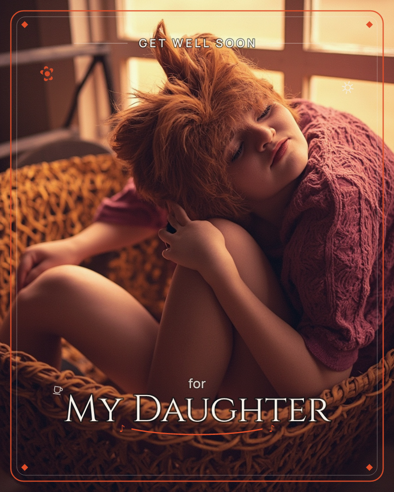 A woman with tousled auburn hair curls up inside a large woven wicker basket by a window, knees drawn to her chest and cheek resting on them, a getwell e-card design