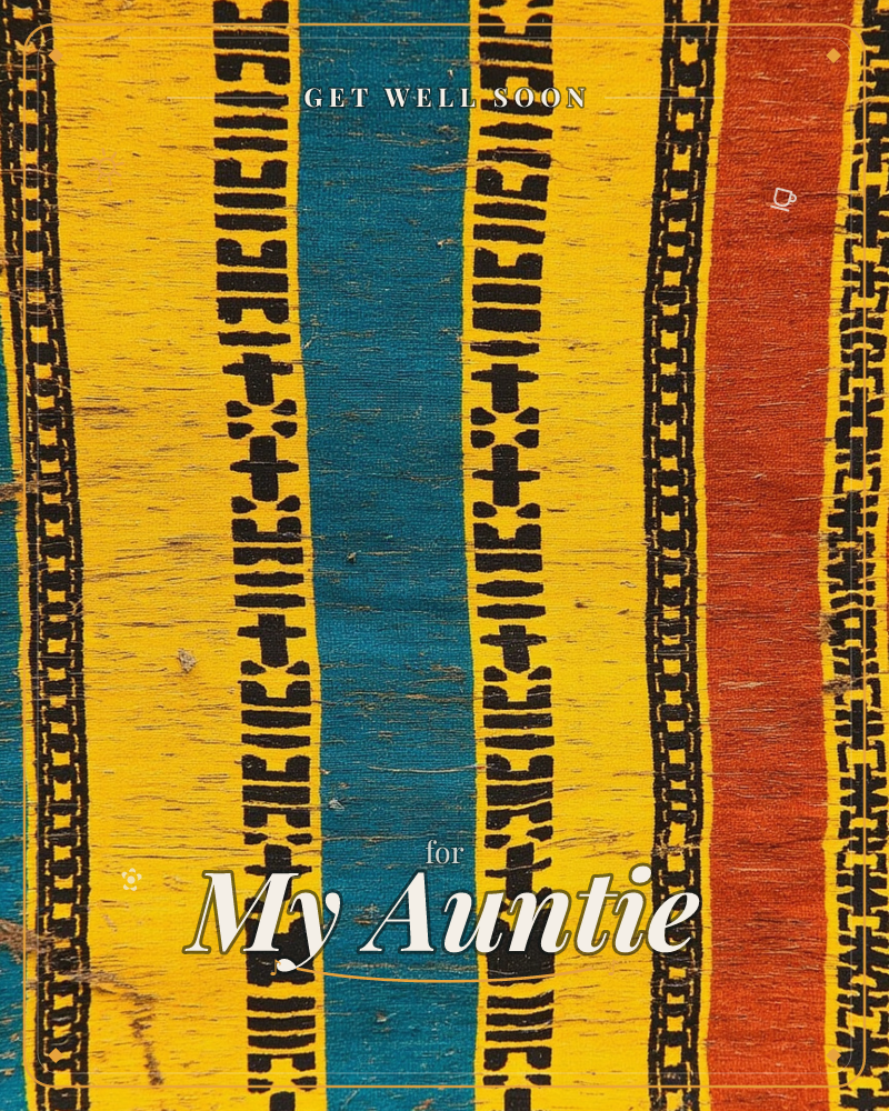 A close-up of woven textile stripes in bold yellow, teal and rust-red, each band edged with rows of black tribal-style stitched symbols, a getwell e-card design