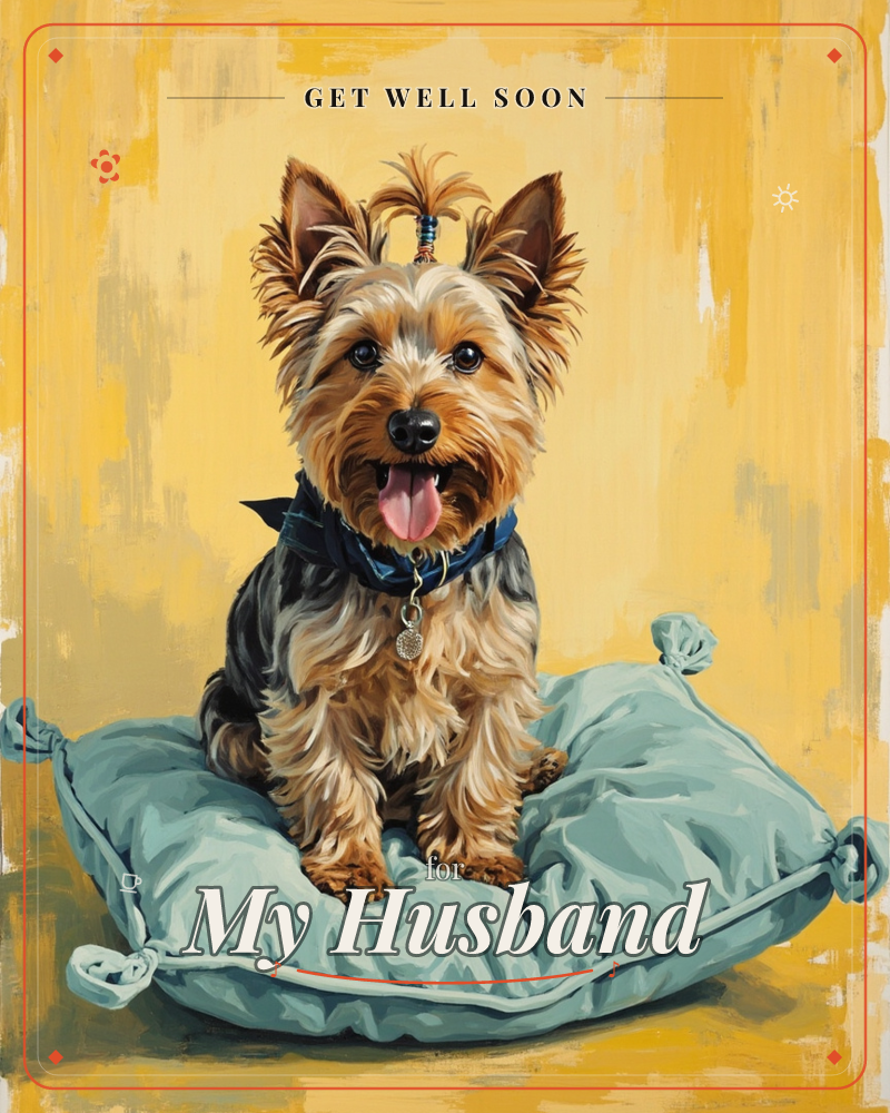 A small Yorkshire terrier sits perched on a plump, knotted sage-green cushion, tongue out and ears alert, wearing a little navy bandana and a round tag, a getwell e-card design