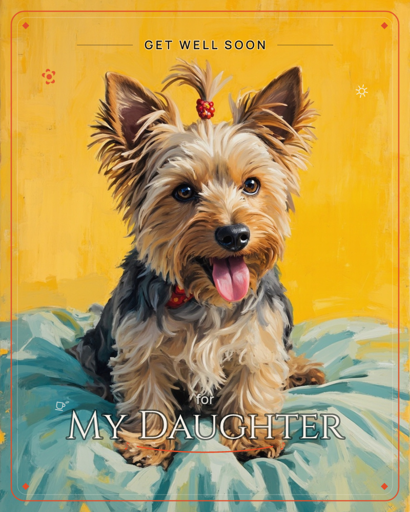 A small Yorkshire terrier sits happily on a ruffled teal cushion, its topknot tied up with a tiny red bow, against a bold mustard-yellow background, a getwell e-card design