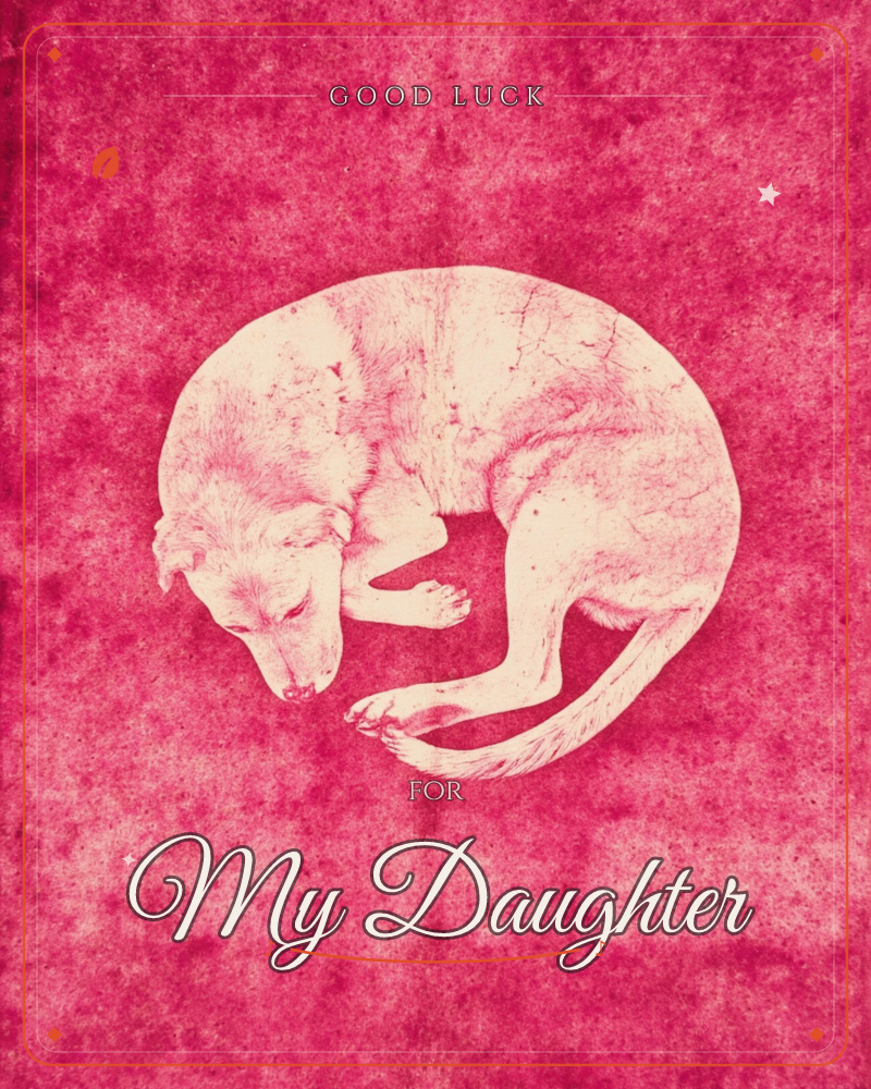 A dog is curled into a tight, sleeping circle, nose tucked near its tail, rendered in pale cream against a mottled, textured magenta-pink background, a good luck e-card design