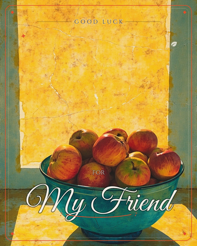 A weathered turquoise bowl heaped with red and green apples sits against a mustard-yellow backdrop textured like aged, cracked plaster, a good luck e-card design