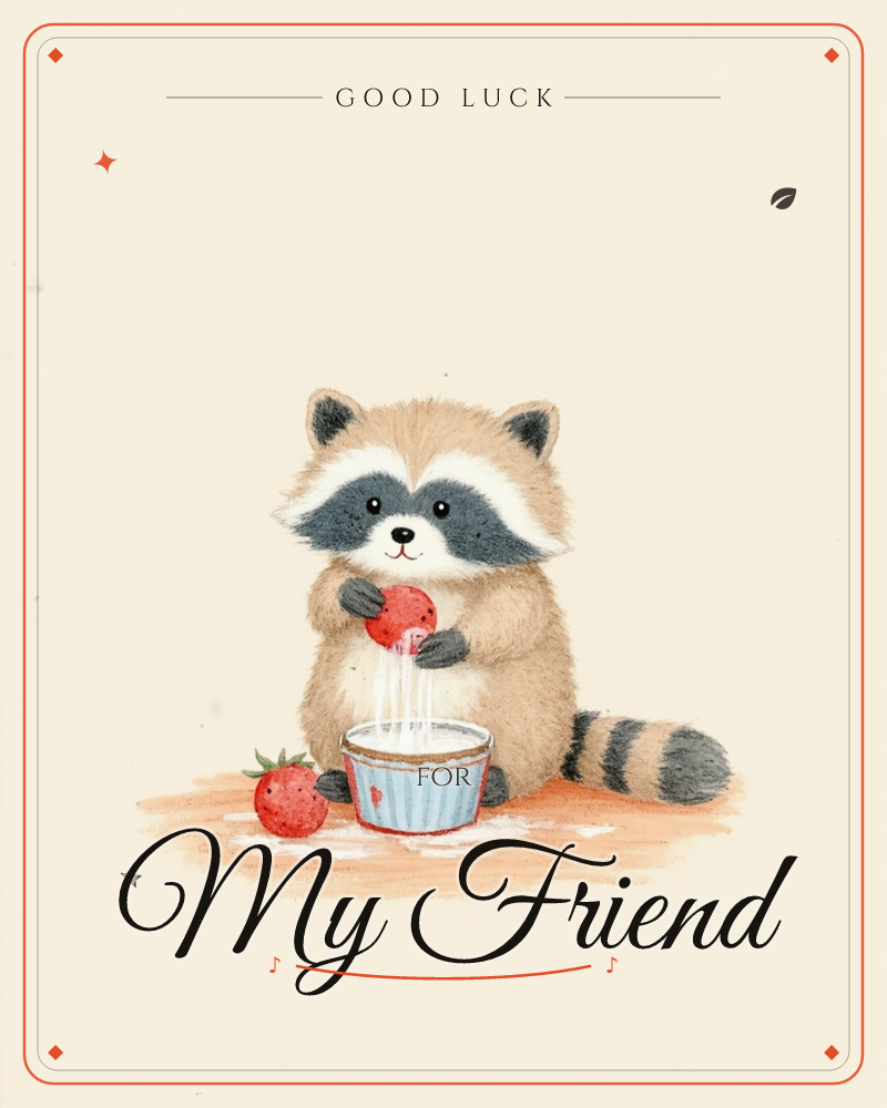 A small raccoon sits on a warm orange rug, holding a strawberry in its paws over a light blue bowl dusted with spilled flour, a good luck e-card design