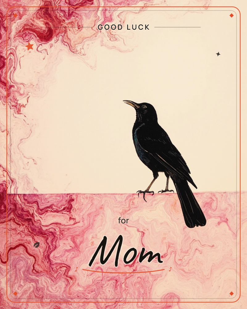 A glossy black bird with an upturned beak and yellow eye perches on a marbled pink ledge, its head tilted skyward as if mid-call, a good luck e-card design