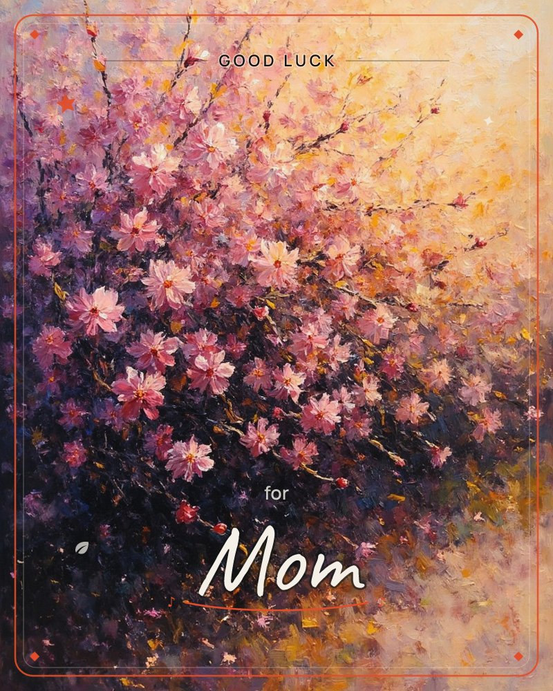 A cherry blossom branch spreads across a glowing golden sky, its dark twigs heavy with pink and white flowers rendered in thick, textured brushstrokes, a good luck e-card design