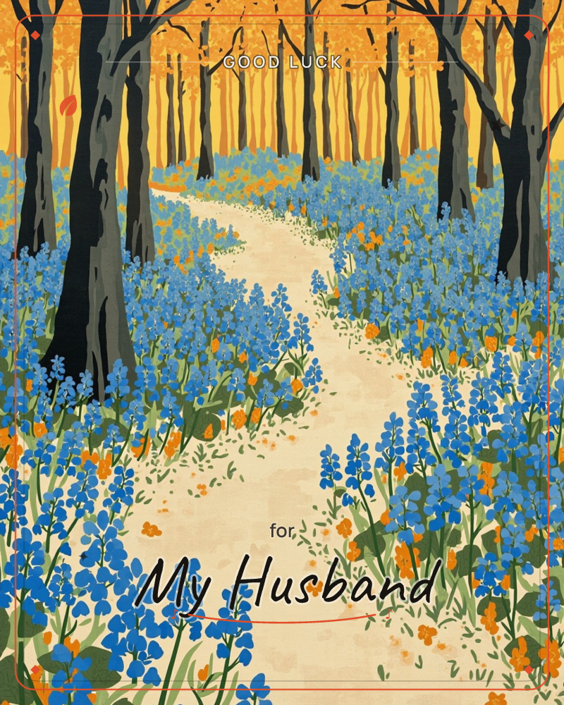A winding pale path cuts through a forest carpeted with bluebells and small orange flowers, dark tree trunks rising on either side into a golden-yellow…, a good luck e-card design