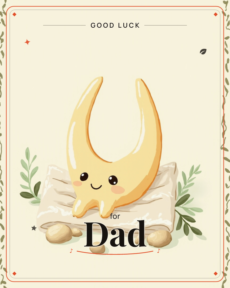A cheerful crescent-moon-shaped character with a rosy-cheeked smiling face sits perched on a folded cream cloth, surrounded by small pale pebbles and…, a good luck e-card design