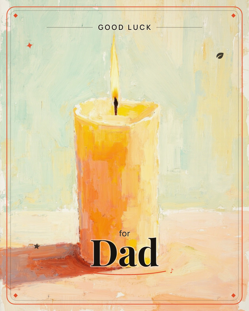 A single pillar candle burns steadily on a pale peach tabletop, its wax rendered in loose strokes of gold and burnt orange against a soft…, a good luck e-card design