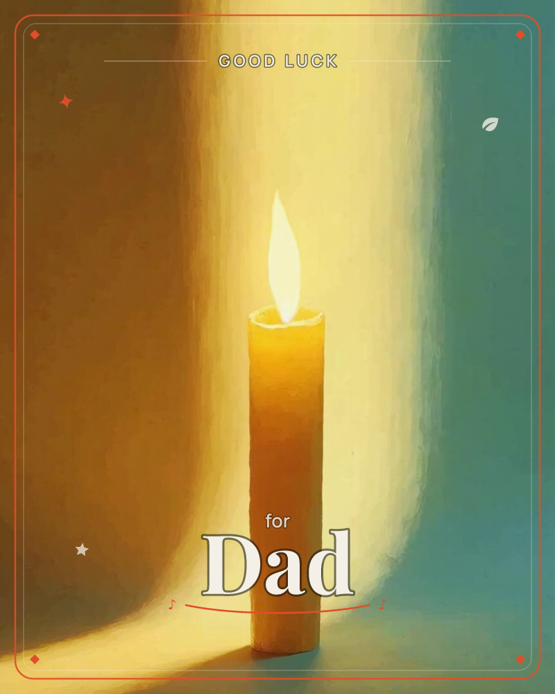 A single tall candle burns against a wall washed in its own glow, gold light fanning upward into cool teal shadow on one side, a good luck e-card design