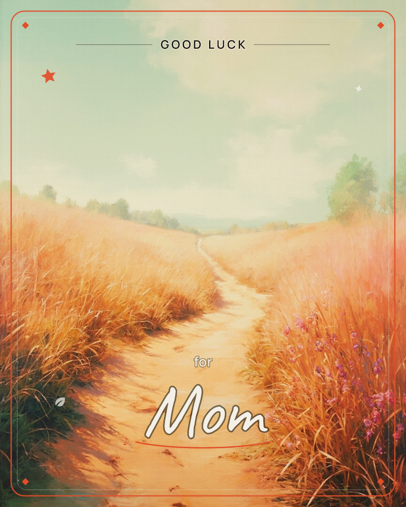 A sandy dirt path winds gently through tall golden grasses under a soft pale sky, with pink wildflowers clustered along the right edge and distant…, a good luck e-card design