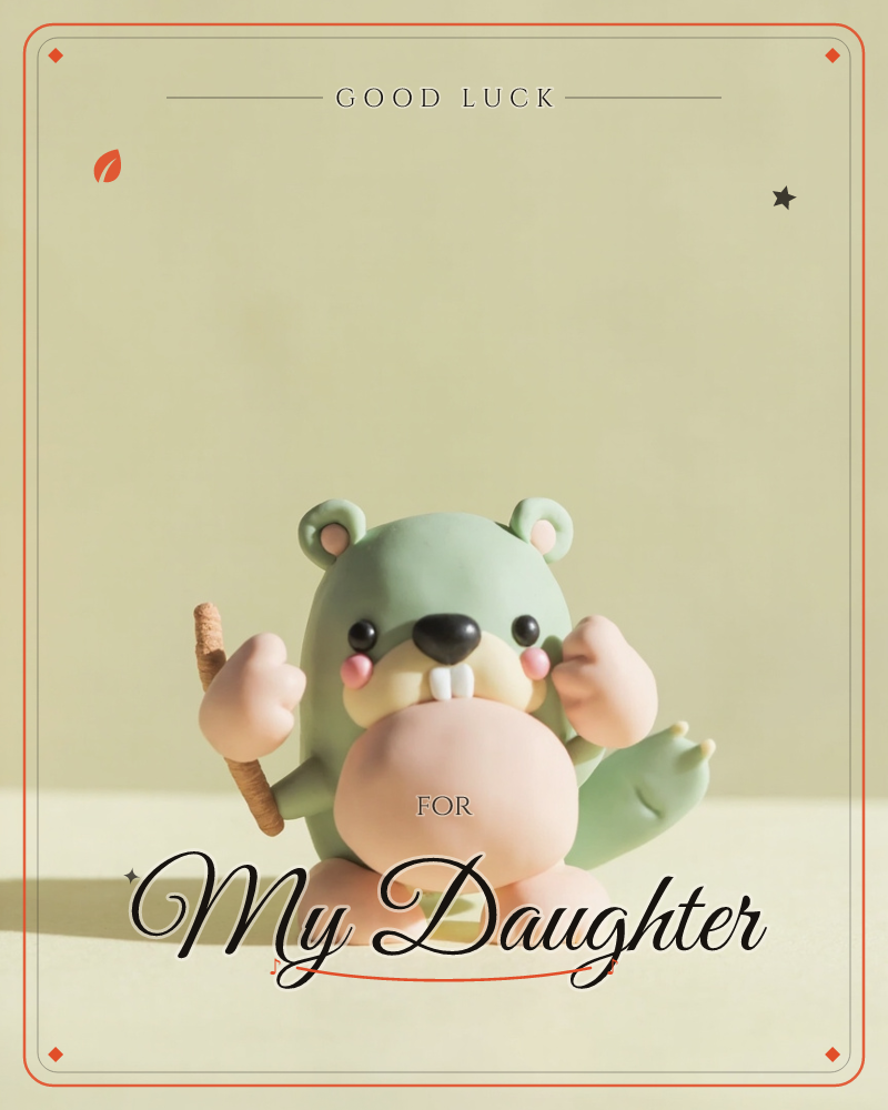 A pale sage-green toy beaver stands against a matching sage backdrop, its round peachy belly and blushed cheeks catching soft studio light, a good luck e-card design