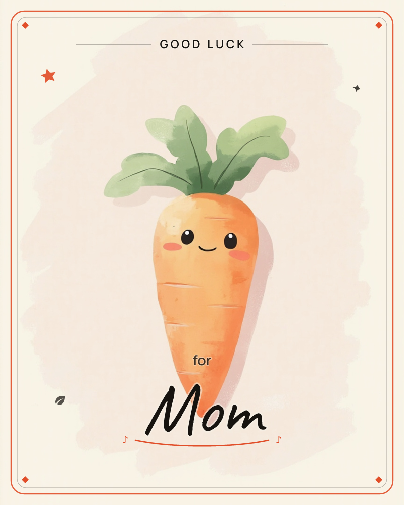 A single cartoon carrot stands centre stage with a round, happy face, dot eyes, a small curved smile and rosy cheeks, its leafy green top sprouting…, a good luck e-card design