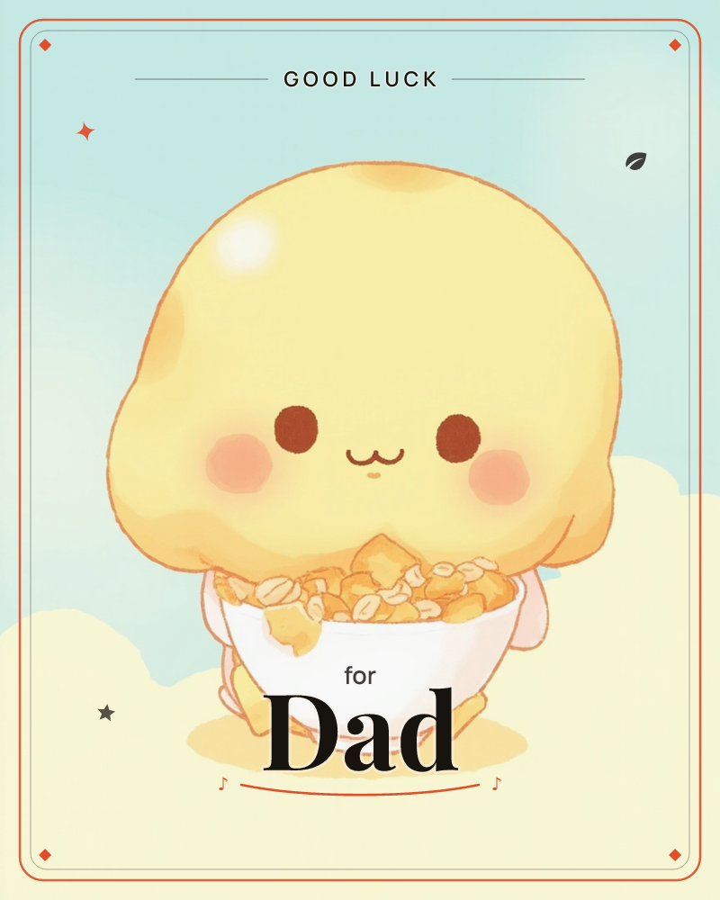 A round, golden-yellow blob character with a soft glossy sheen sits behind a white bowl piled with cereal flakes, its stubby paws resting on the bowl's…, a good luck e-card design