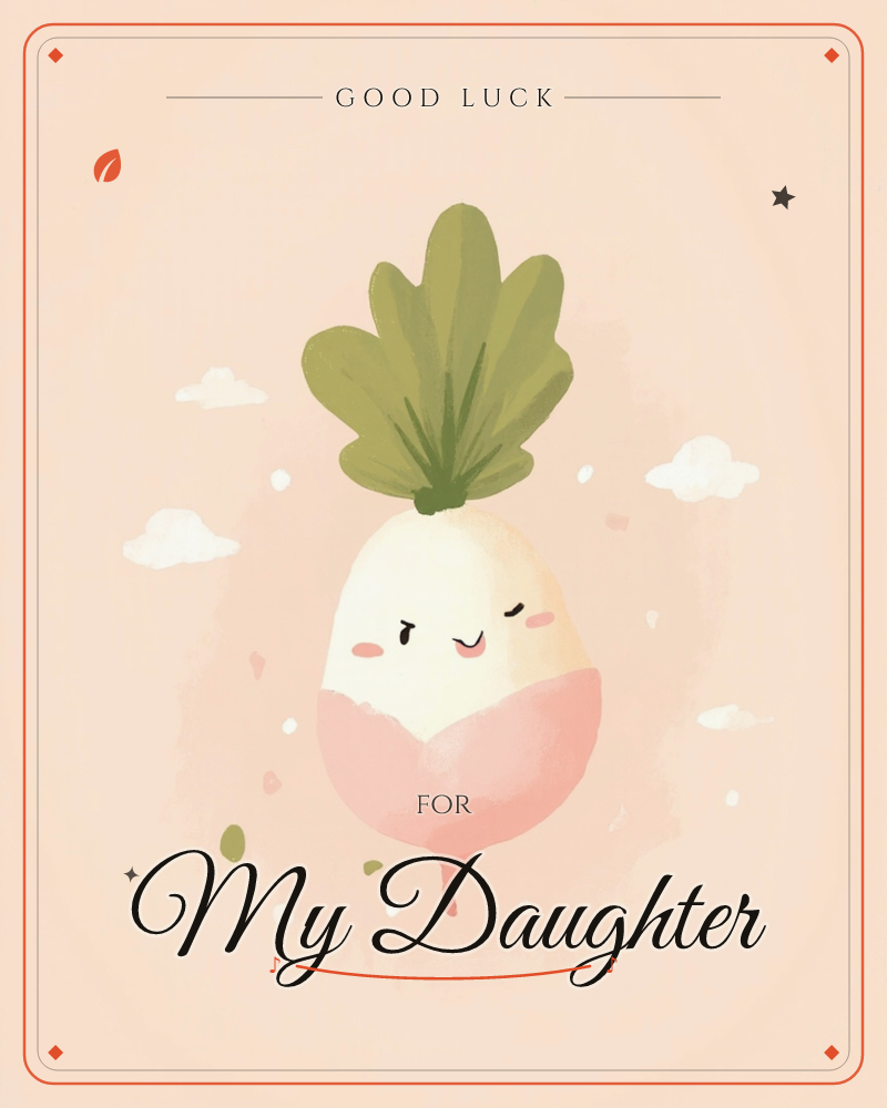 A cheerful cartoon radish with a happy squinting face and rosy cheeks floats against a soft blush-pink background, its leafy green top sprouting upward…, a good luck e-card design