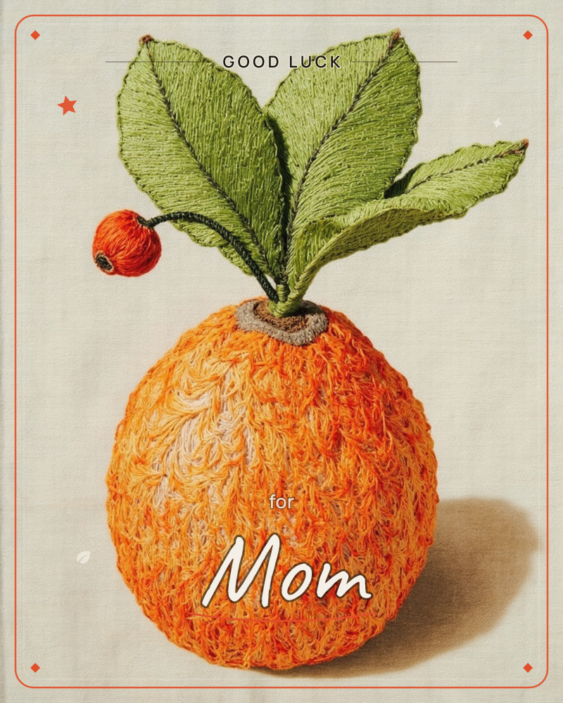 An embroidered orange sits on plain linen fabric, its thread stitched in dense, textured strokes of orange and gold to mimic the fruit's dimpled peel, a good luck e-card design