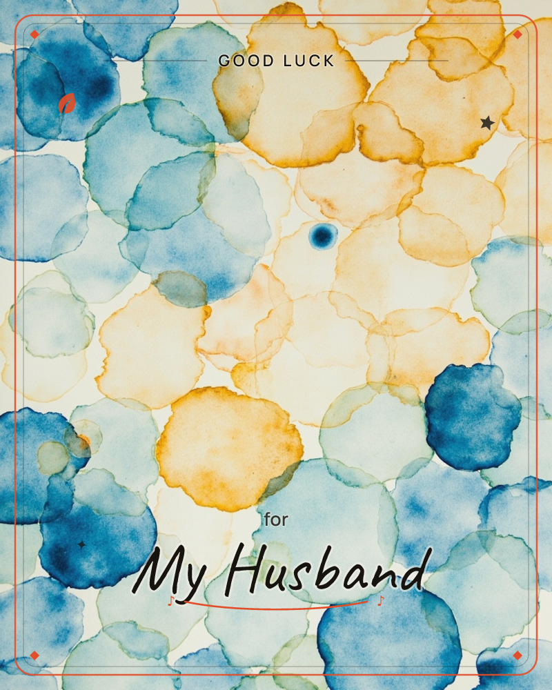 A cluster of overlapping watercolour blooms fills the page, blue and teal circles pooling in the lower half while amber and gold ones cluster toward…, a good luck e-card design